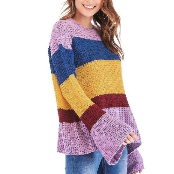 Cozy Striped Pullover Sweater Bell Sleeves - Picture 4 of 8